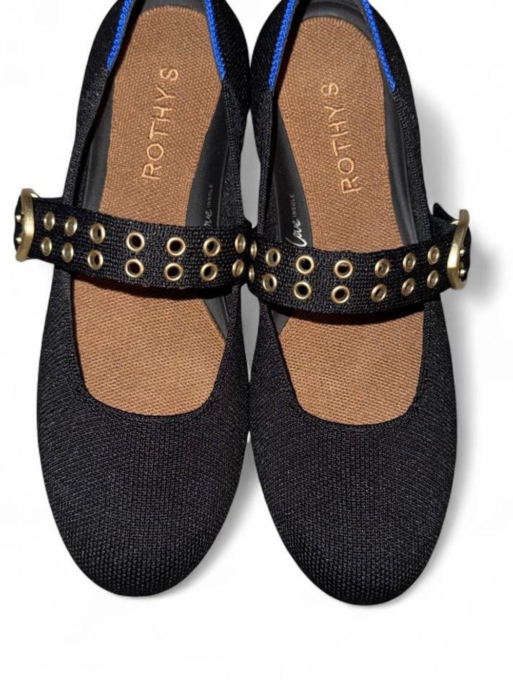 Rothy's black mary Jane flats with gold buckle and studded strap size 7